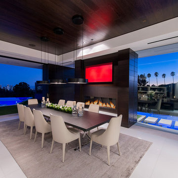 Laurel Way Beverly Hills luxury home modern glass wall dining room with swimming