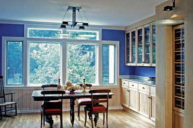 Inspiration for a mid-sized transitional medium tone wood floor kitchen/dining room combo remodel in Philadelphia with blue walls and no fireplace