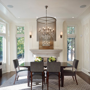 This is an example of a large traditional enclosed dining room in Chicago with white walls, dark hardwood flooring, a standard fireplace and a stone fireplace surround.