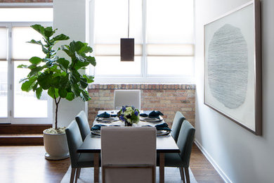 Mid-sized trendy dark wood floor dining room photo in Chicago with beige walls