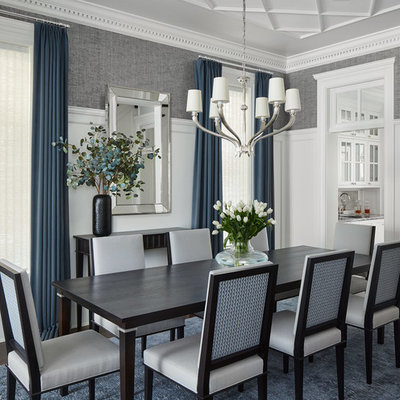 Mid-sized elegant dark wood floor and brown floor enclosed dining room photo in Chicago with gray walls and no fireplace