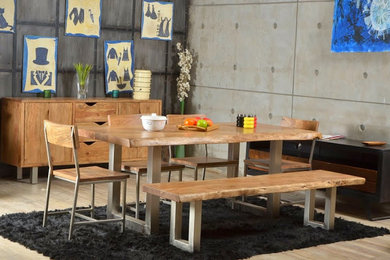 Live Edge Single Slab Modern Rustic Industrial Iron Base Dining Table & Bench