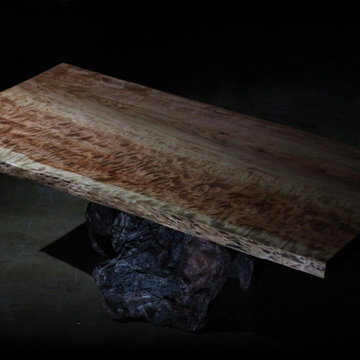 Live Edge Young Growth Redwood Dining Table with a Gnarly Redwood Root Base