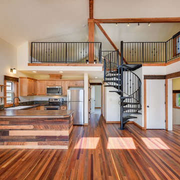 Living & dining room with Viridian Reclaimed Wood floors & fir trim