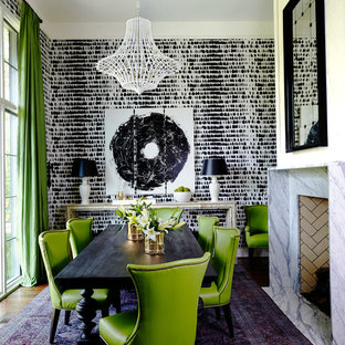 Example of an eclectic dining room design in Nashville with multicolored walls, a standard fireplace and a stone fireplace
