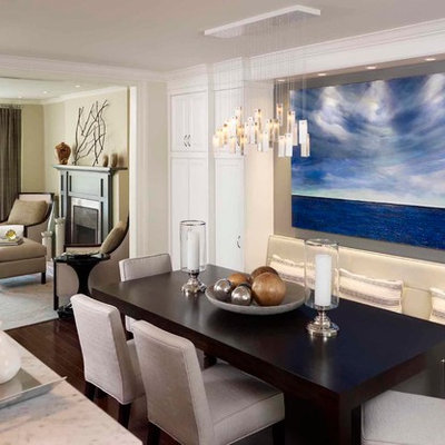 Example of a mid-sized trendy dark wood floor great room design in Toronto with white walls