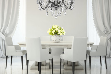 Mid-sized transitional marble floor and white floor dining room photo in New York with white walls and no fireplace