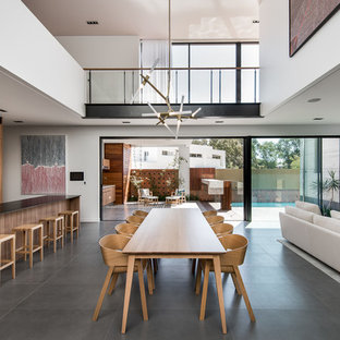 Foto di un'ampia sala da pranzo contemporanea con pareti bianche e pavimento con piastrelle in ceramica