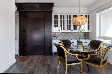 Inspiration for a mid-sized transitional dark wood floor and brown floor kitchen/dining room combo remodel in Other with white walls and no fireplace