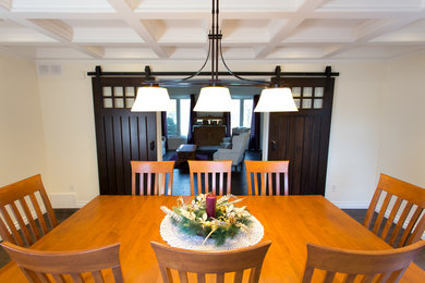 Example of a mid-sized transitional dark wood floor enclosed dining room design in Toronto with yellow walls and no fireplace