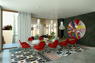 Design ideas for a large contemporary open plan dining room in London with black walls and concrete flooring.