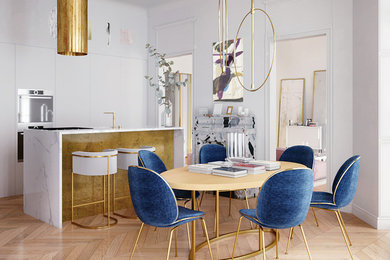 Стильный дизайн: большая отдельная столовая в скандинавском стиле с белыми стенами, светлым паркетным полом и коричневым полом - последний тренд