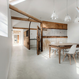 Diseño de comedor minimalista con suelo de cemento, paredes blancas y suelo gris