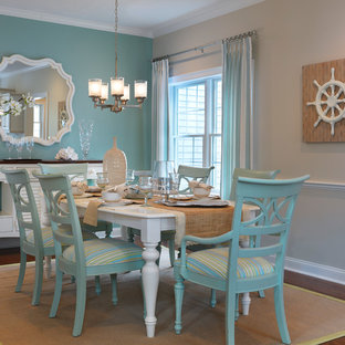 Dining room - mid-sized coastal medium tone wood floor dining room idea in Boston with blue walls