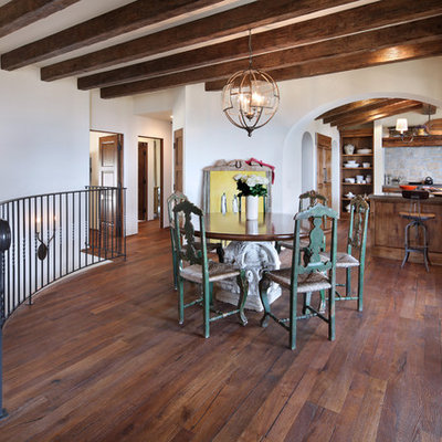 Kitchen/dining room combo - large mediterranean dark wood floor kitchen/dining room combo idea in Orange County with white walls