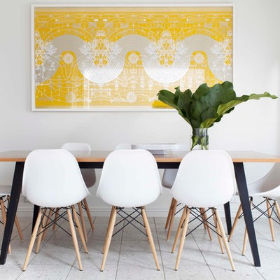 Small trendy porcelain tile kitchen/dining room combo photo in Sydney with white walls