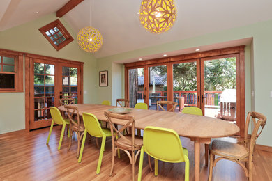 Kitchen/dining room combo - mid-sized craftsman light wood floor kitchen/dining room combo idea in San Francisco with green walls