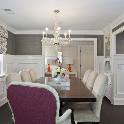Elegant dark wood floor and brown floor enclosed dining room photo in San Francisco with gray walls and no fireplace
