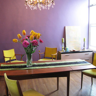 Esempio di una sala da pranzo boho chic chiusa e di medie dimensioni con pareti viola, nessun camino, pavimento viola e parquet chiaro