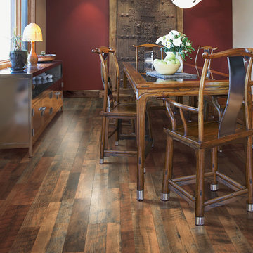 Midcentury Dining Room with Rustic Hardwood Flooring