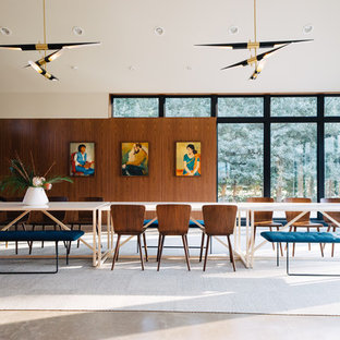 Cette image montre une salle à manger vintage avec un mur blanc, béton au sol, cheminée suspendue et un sol gris.