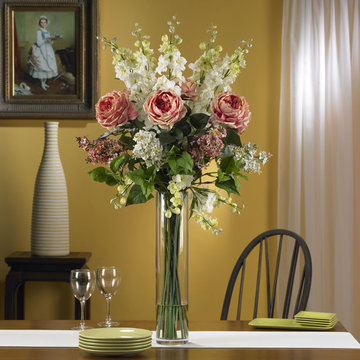 Mixed Rose, Lilac and Delphinium Centerpiece for Elegant Dining Room