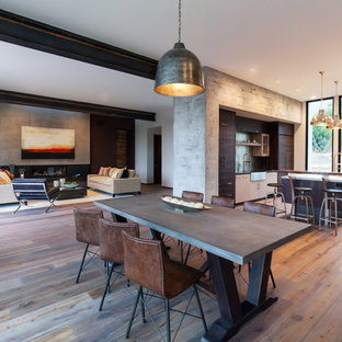 Immagine di una sala da pranzo aperta verso il soggiorno design di medie dimensioni con pareti grigie e parquet scuro