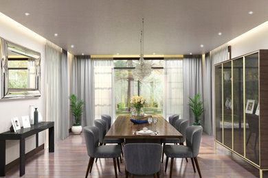 Photo of a large modern open plan dining room in Other with white walls, dark hardwood flooring and brown floors.