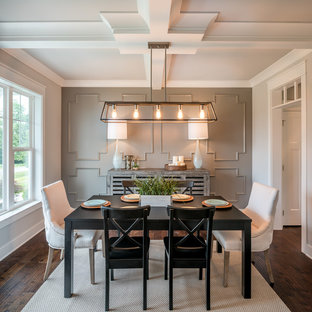 Brown Dining Room - A Tale Of Two Sisters Dining Room Walls Brown Dining Room Apartment Living Room Brown Walls Living Room / Brown rectangular dining table with a matching bench, dining chairs upholstered with a black leather material, set on a beige rug over a gray floor in a gray room.