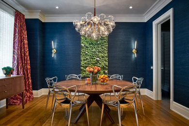 Ejemplo de comedor tradicional renovado de tamaño medio cerrado con paredes azules, suelo de madera en tonos medios, suelo marrón y cortinas