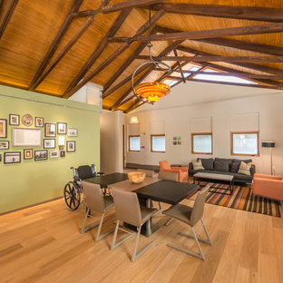 Example of a trendy light wood floor great room design in San Diego with green walls
