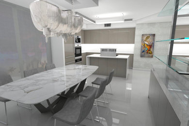 Foto de comedor de cocina moderno de tamaño medio sin chimenea con paredes blancas, suelo de mármol y suelo blanco