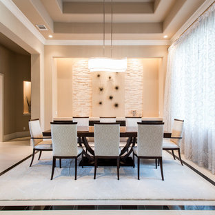 Mid-sized minimalist porcelain tile great room photo in Houston with beige walls