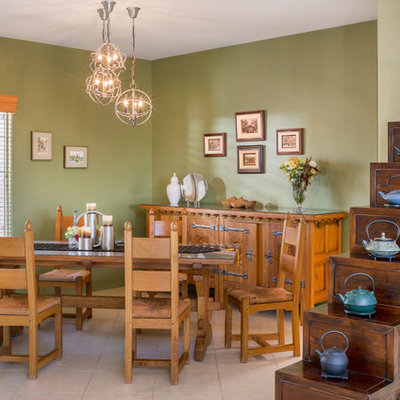 Enclosed dining room - small asian porcelain tile enclosed dining room idea in Las Vegas with green walls
