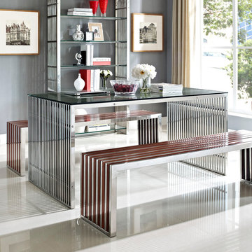 Modway Gridiron Stainless Steel Dining Table and Bench with Wood Inlay