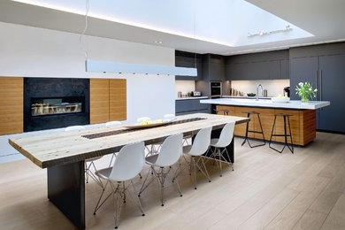 Moderne Wohnküche mit weißer Wandfarbe, hellem Holzboden und Gaskamin in Toronto