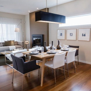 Modelo de comedor contemporáneo, de tamaño medio, abierto, con paredes beige, suelo de madera en tonos medios, chimeneas suspendidas, marco de chimenea de yeso y suelo marrón