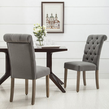 Natalie Roll Top Tufted Linen Fabric Modern Dining Chair (Set of 2)