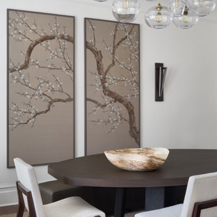 Mid-sized mid-century modern dark wood floor and brown floor enclosed dining room photo in San Francisco with white walls and no fireplace