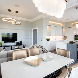 Inspiration for a classic kitchen/dining room in Other with grey walls, medium hardwood flooring and brown floors.