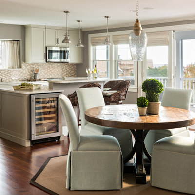 Kitchen/dining room combo - mid-sized coastal dark wood floor kitchen/dining room combo idea in Boston