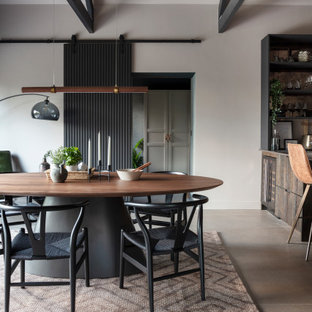 This is an example of a large contemporary kitchen/dining room in Other with beige walls, porcelain flooring, no fireplace and grey floors.