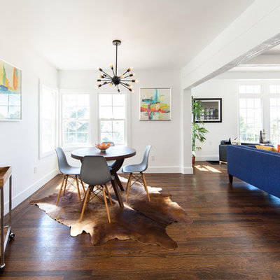 Great room - transitional dark wood floor and brown floor great room idea in San Francisco with white walls
