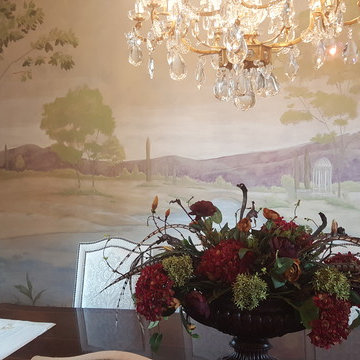 old world scenic mural in dining room