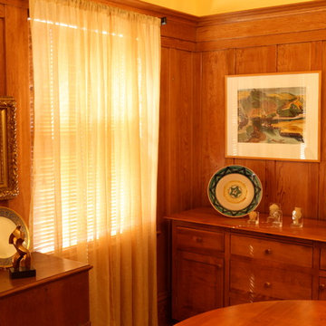 Original redwood paneling, burnished to a fiery glow