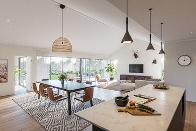 Inspiration for a contemporary medium tone wood floor and brown floor dining room remodel in Perth