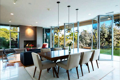 Minimalist dark wood floor and brown floor dining room photo in Phoenix with beige walls, a standard fireplace and a concrete fireplace