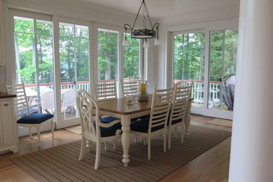 Mid-sized elegant light wood floor kitchen/dining room combo photo in Detroit with white walls and no fireplace