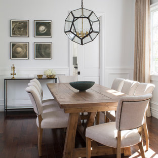Diseño de comedor clásico renovado, de tamaño medio, con paredes blancas y suelo de madera oscura