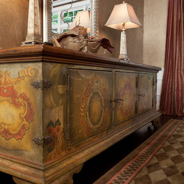 Painted Buffet in Traditional Dining Room with Patterned Rug